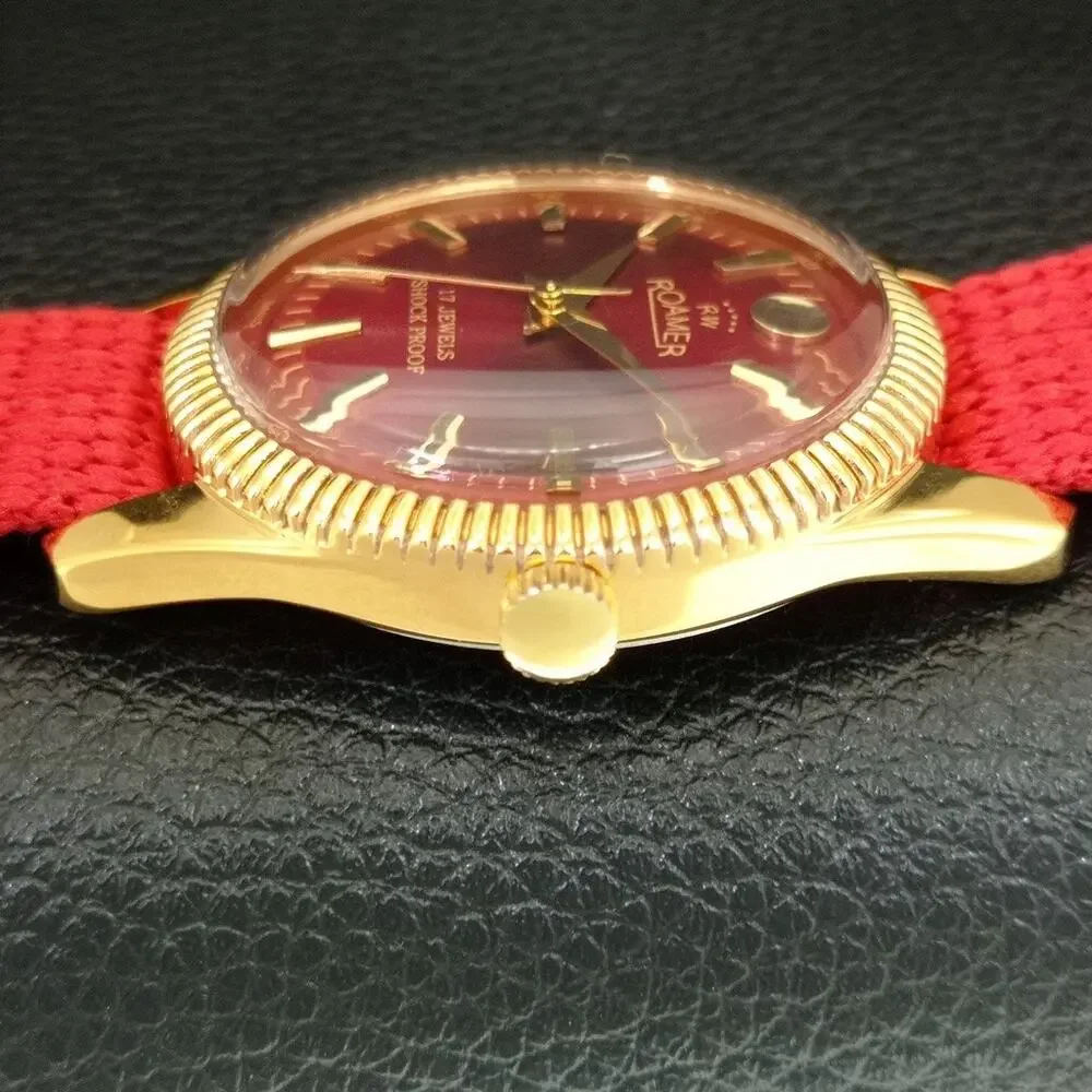 Vintage 1977 Roamer Manual Mens Gold Watch W/Nato Strap & Red accents